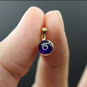 14K Real Gold Puffed Dark Blue Evil Eye Pendant Good Luck Round Charm